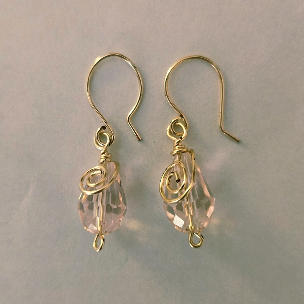 Vintage Gold Wire Pink Crystal Waterdrop Dangle Earrings 1.5 In Elegant Minimal